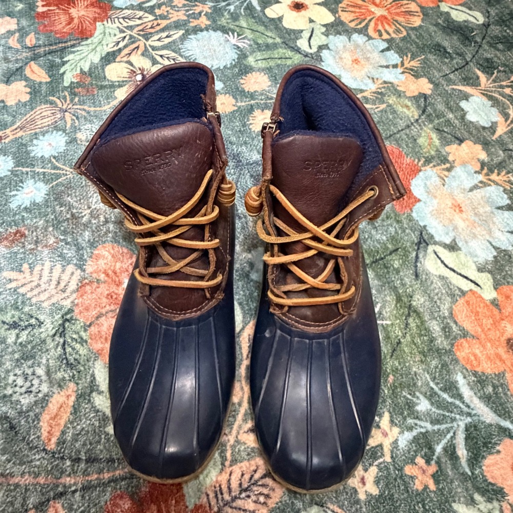Sperry Saltwater Duck Boots Navy Brown Waterproof Leather STS91175 Womens 9